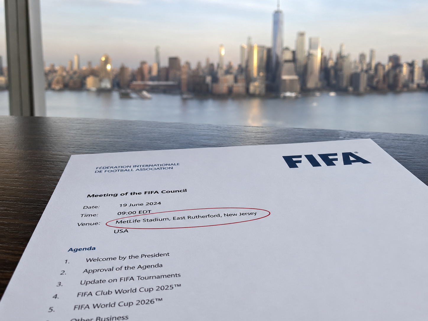 FIFA document selecting the 2026 World Cup final location in New Jersey.