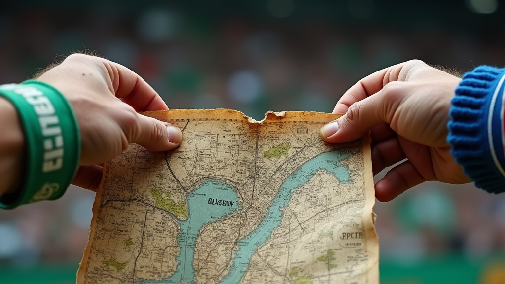 Celtic and Rangers rivalry depicted on a Glasgow map divided by green and blue wristbands.