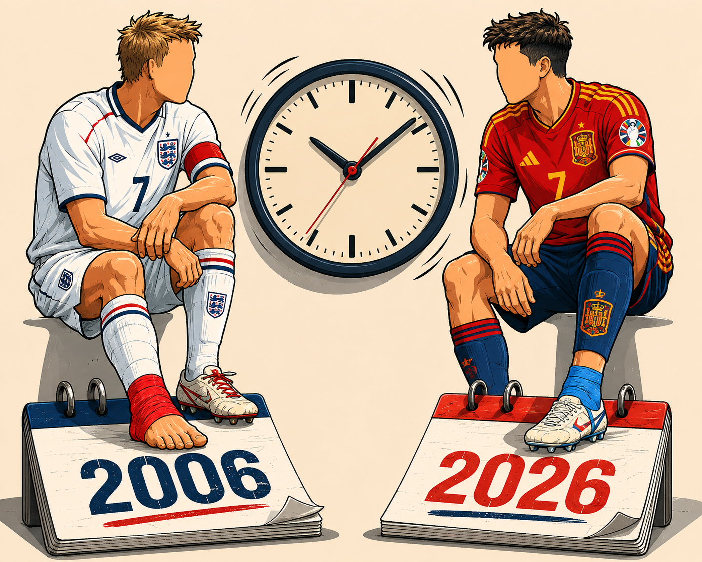 Cartoon comparing a 2006 foot injury to a 2026 ankle injury timeline.