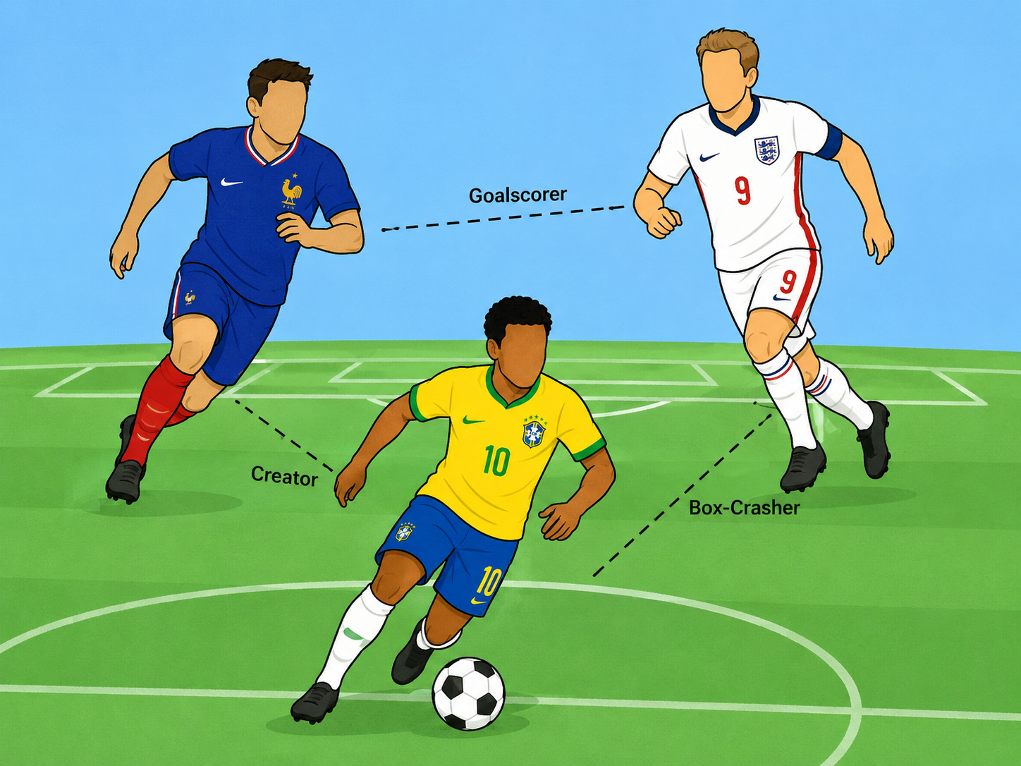 Cartoon comparing Vinicius Jr, Mbappé, and Bellingham on a soccer field.