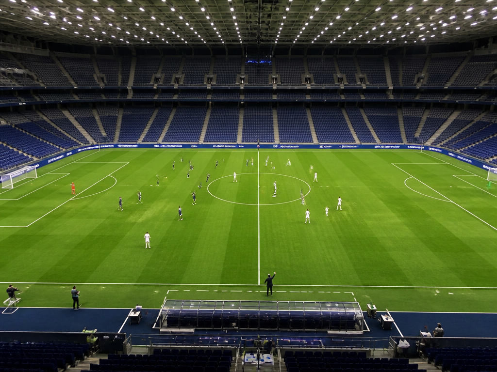 Aerial view of a controlled indoor soccer stadium during a tactical match.