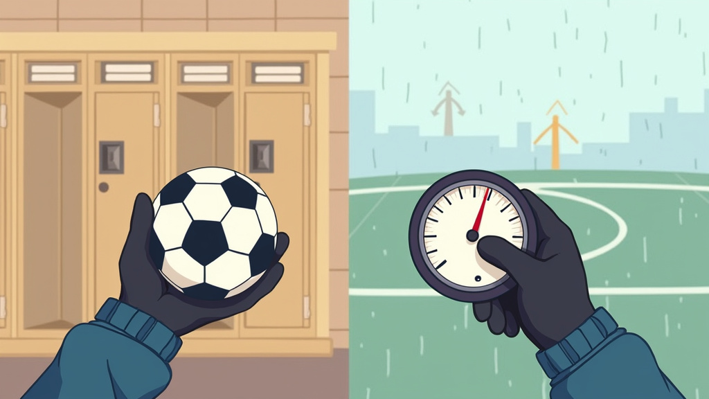 Person checking soccer ball pressure with a gauge in cold outdoor weather conditions.