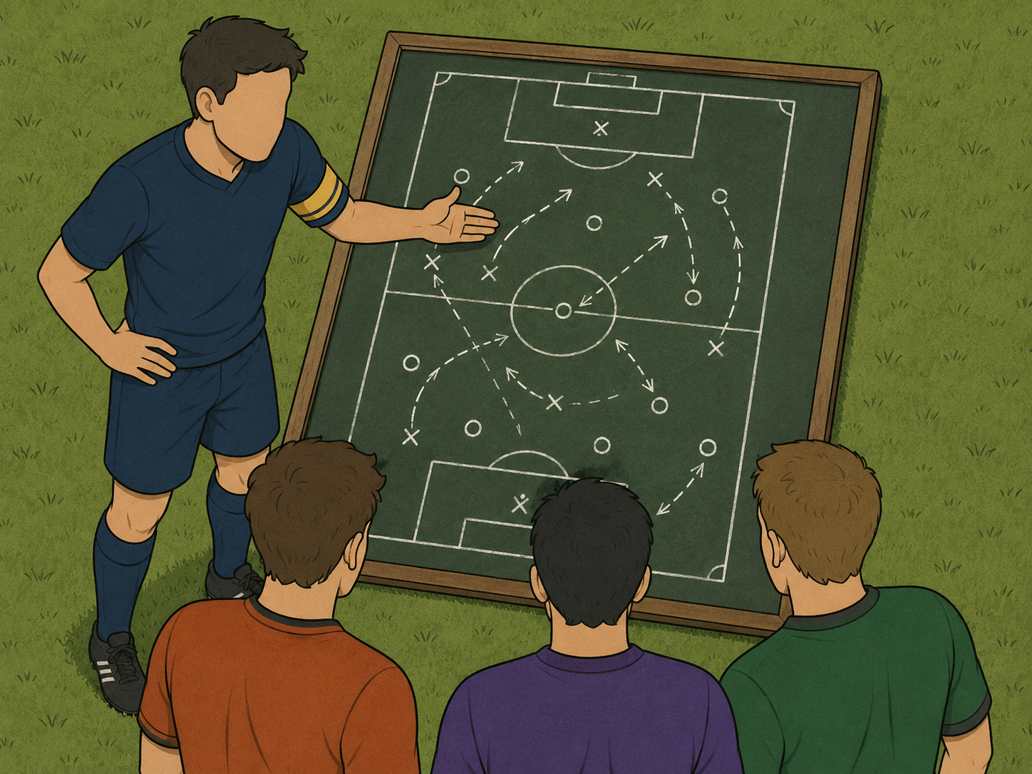 Soccer captain explaining tactics to teammates on a chalkboard.