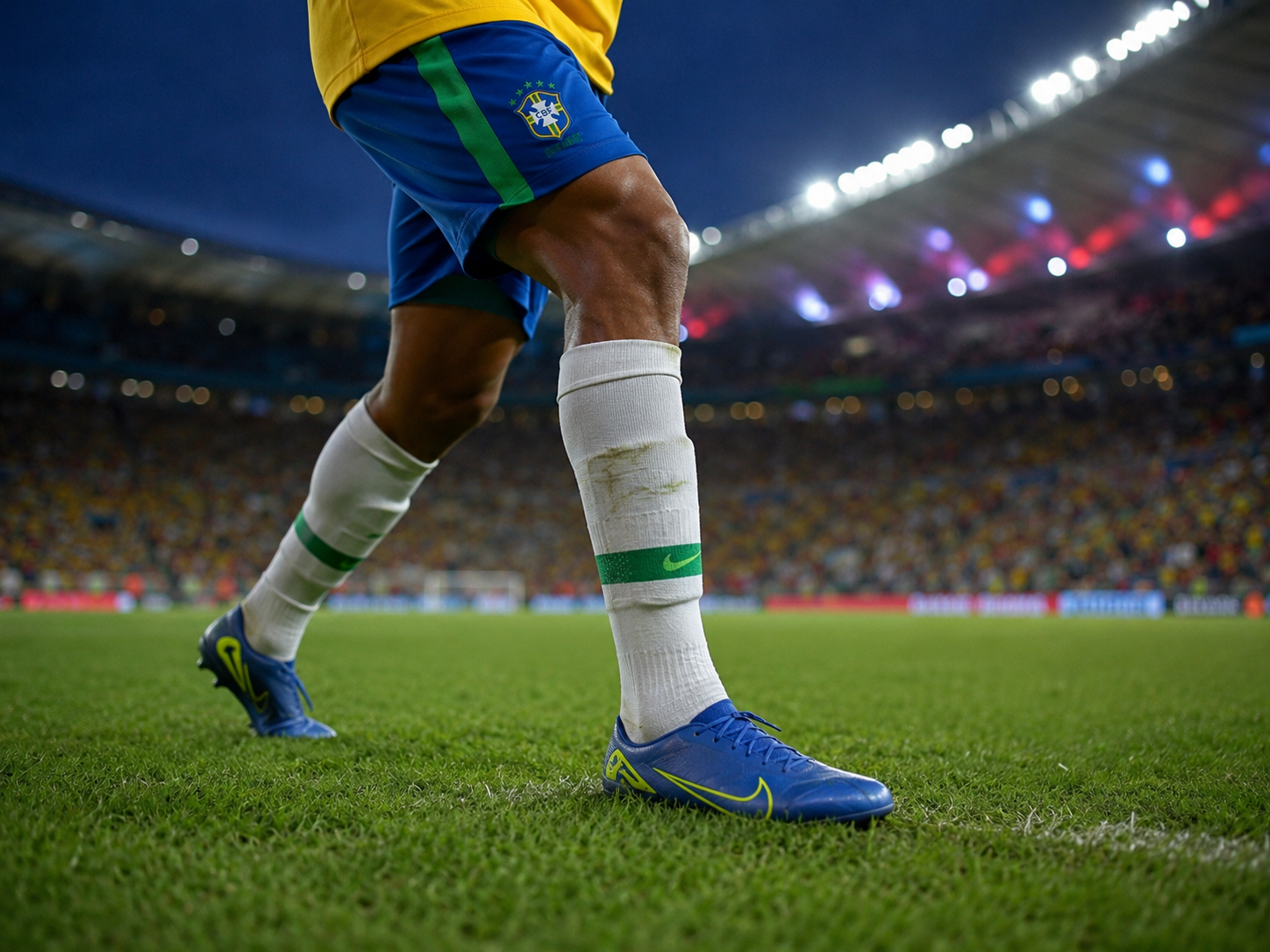 Young soccer player in action during a World Cup match at dusk.