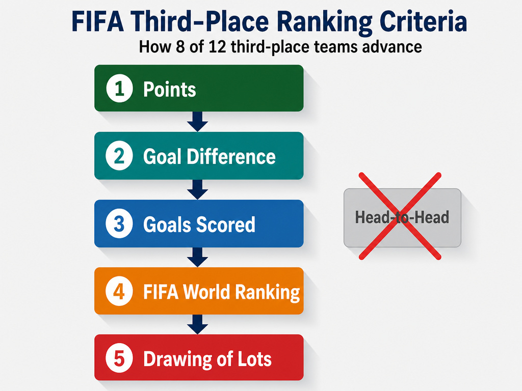 Infographic flowchart of FIFA World Cup third-place qualification criteria.