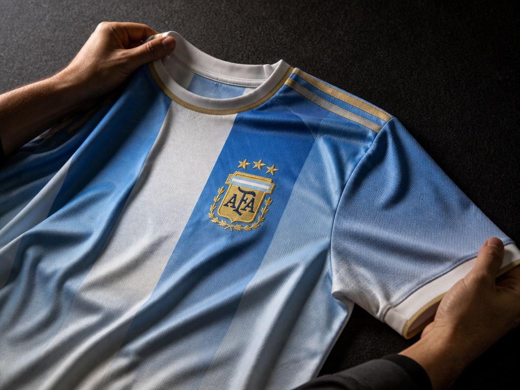 Close-up of Argentina's 2026 World Cup jersey with gradient stripes and three stars.