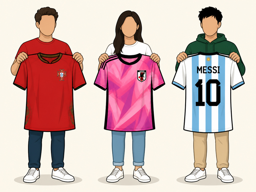 Three cartoon figures holding different 2026 World Cup jersey types.