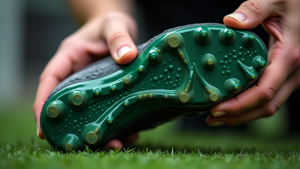 Close-up examination of AG soccer cleat stud pattern and soleplate.