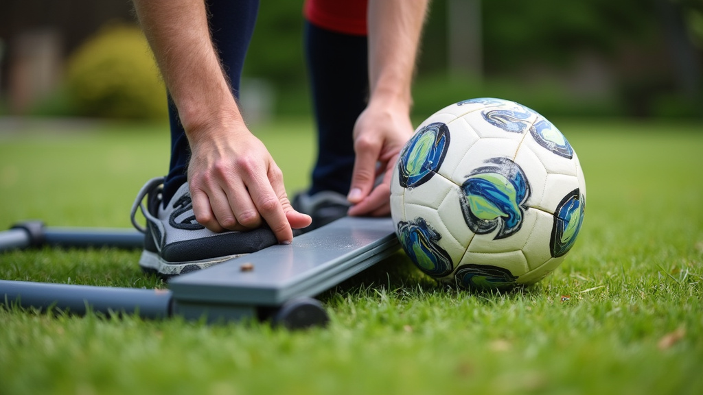 Close-up of adjusting a durable, angled soccer rebounder on grass.