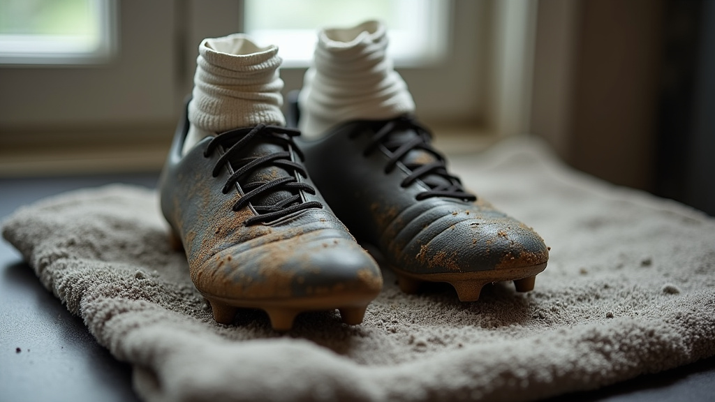 Muddy soccer cleats stuffed with newspaper for proper upright air drying.