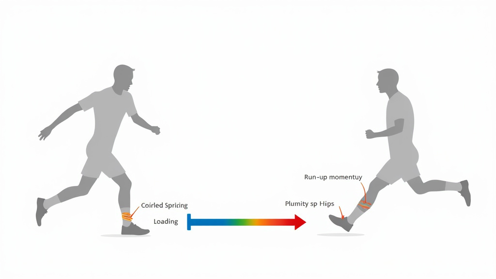 Diagram of kinetic linking and commitment step for powerful soccer kick technique