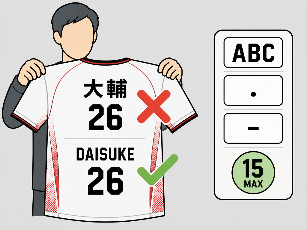 Cartoon explaining approved and banned characters for customizing a Japan World Cup jersey.