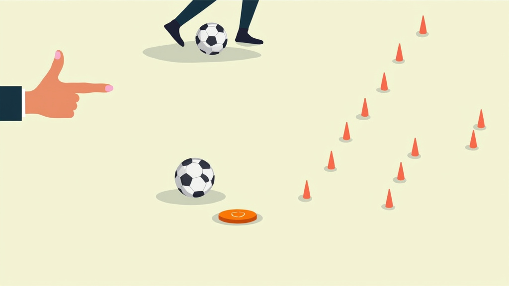 Soccer player dribbling through cones while responding to a visual cognitive training cue.
