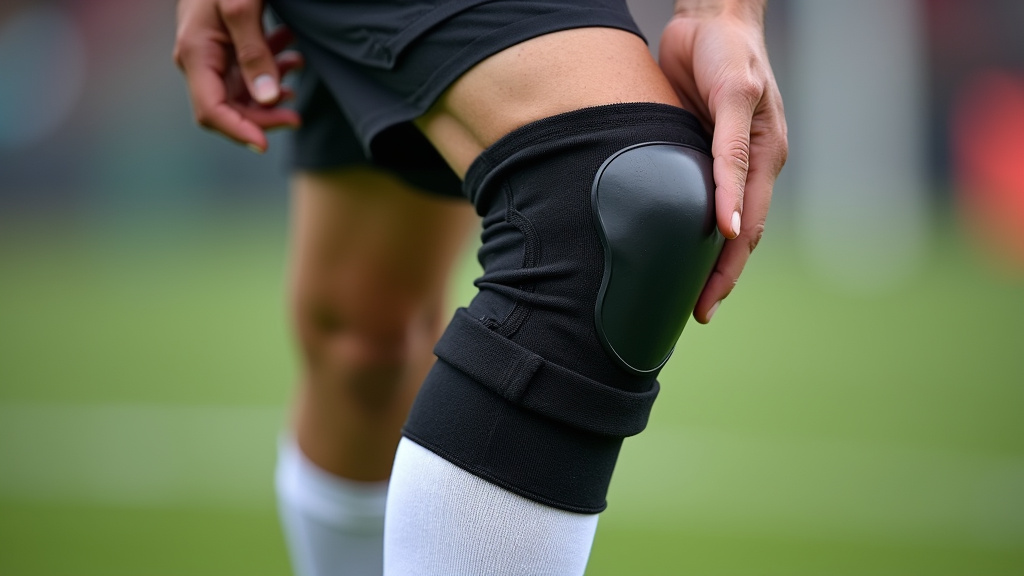 Close-up of a soccer shin guard secured with a compression sleeve and silicone strap.