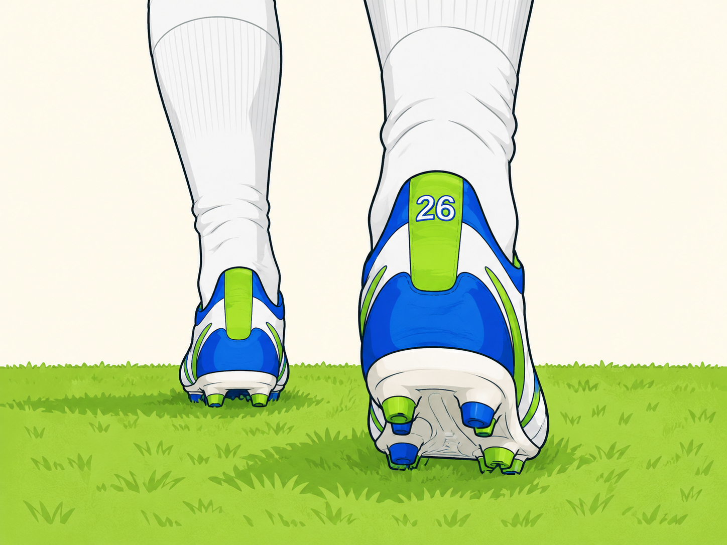 Cartoon diagram highlighting a soccer cleat's heel detail for identification.
