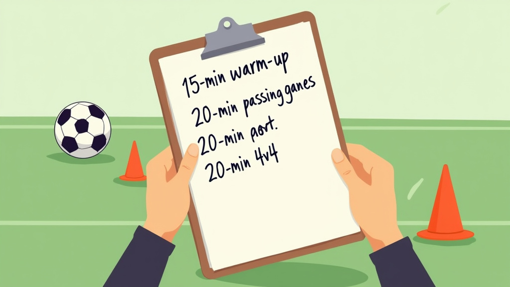Volunteer soccer coach's handwritten practice plan with ball and cones.