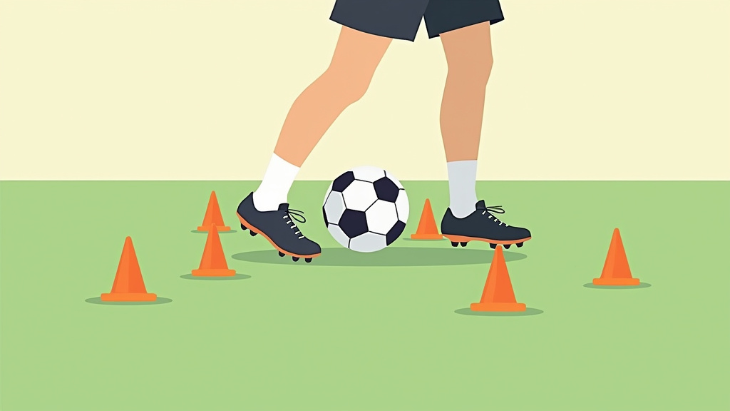 Close control dribbling drill with soccer ball weaving through orange cones
