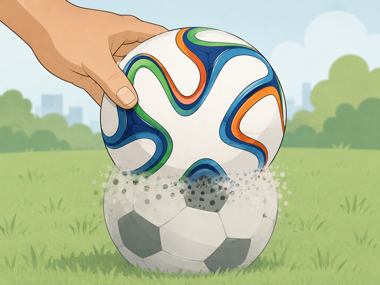Evolution from classic black and white football to modern colorful World Cup ball design.