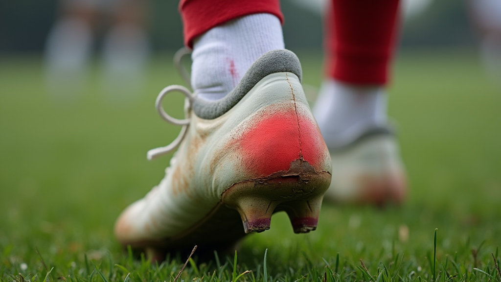 Close-up of a blister and worn soccer cleat indicating replacement is needed.