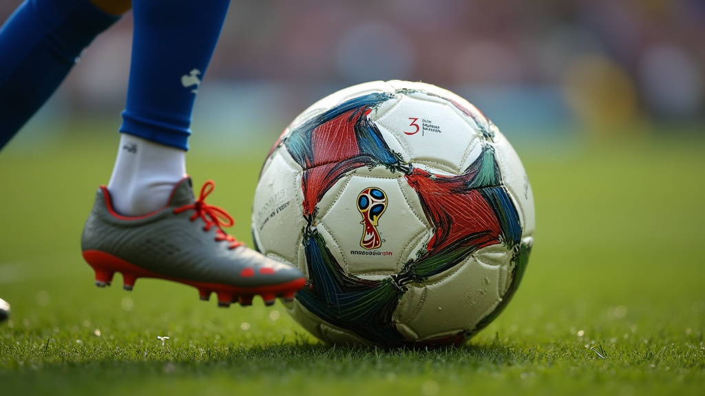 Close-up of the 2014 Brazuca football on grass with a player's boot.