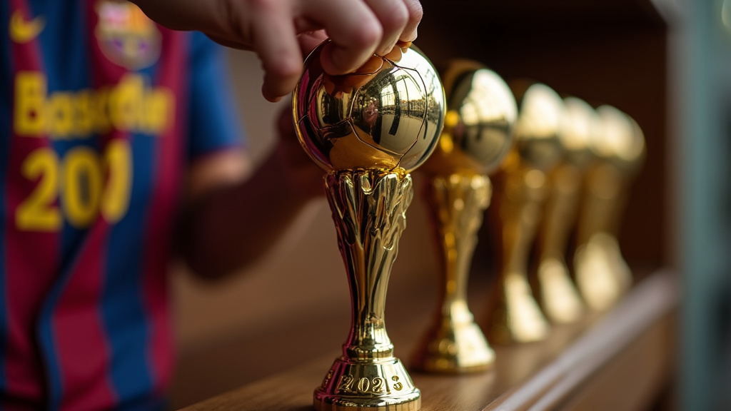Lionel Messi's record eight Ballon d'Or trophies lined up on a shelf.