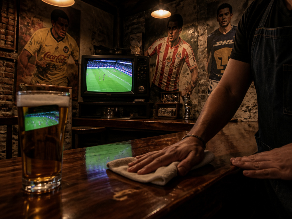Cantina bartender watching Liga MX match with football murals on walls.
