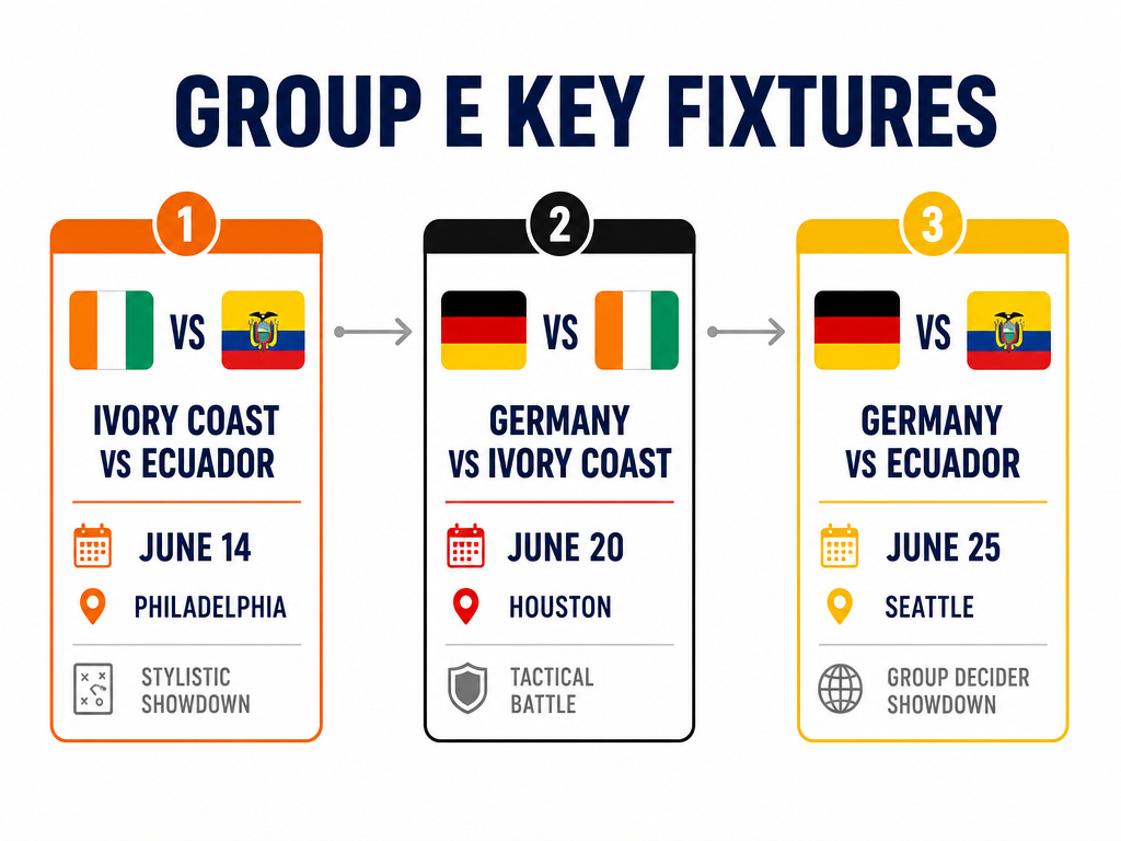 Infographic timeline of three crucial Group E matches for the 2026 World Cup.