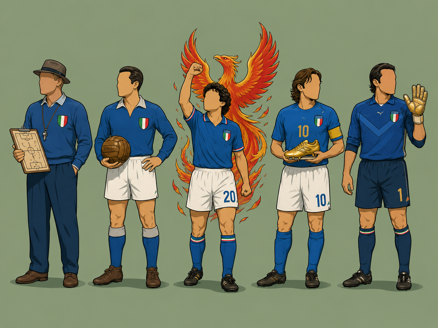 Timeline of iconic Italian football figures as symbolic faceless vector illustrations.
