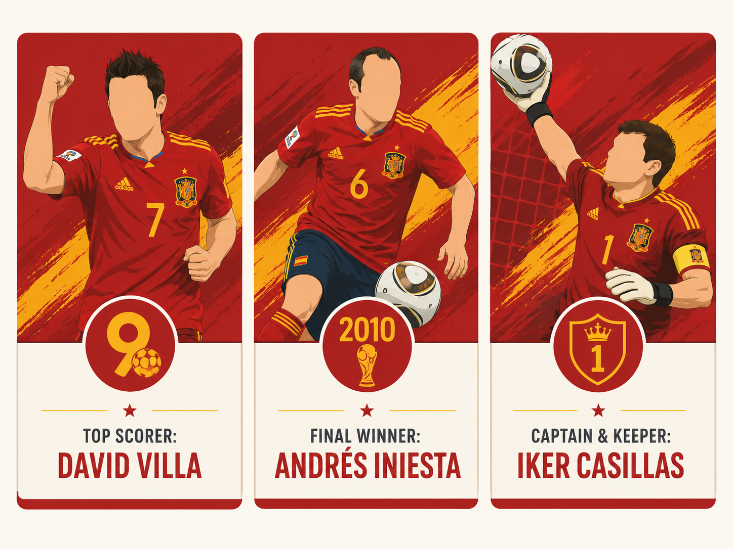 Infographic of three key Spanish World Cup players: Villa, Iniesta, and Casillas.