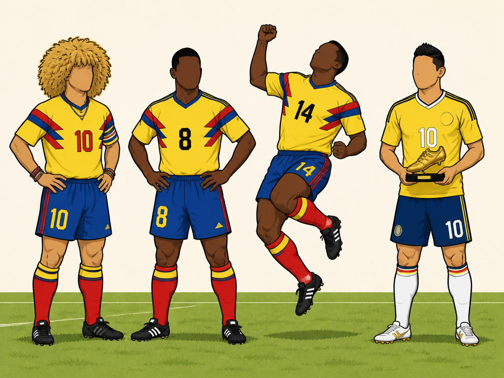 Cartoon of four iconic Colombian national team players from different World Cup eras.