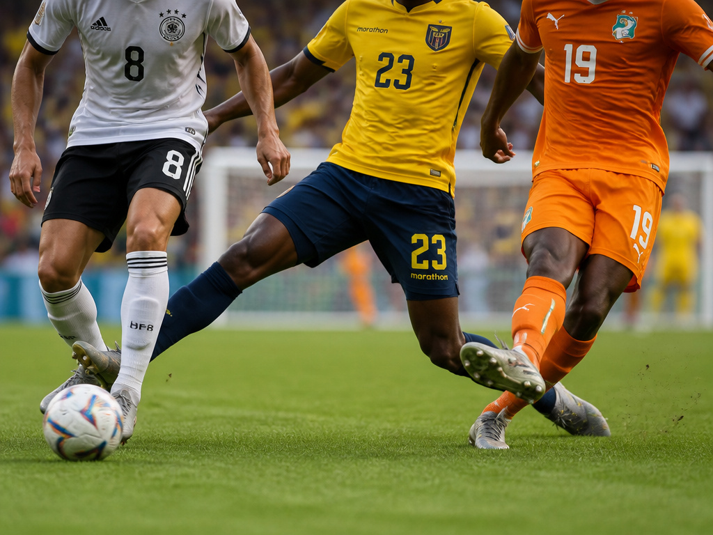 Three faceless soccer players in Germany, Ecuador, and Ivory Coast kits demonstrating key skills.