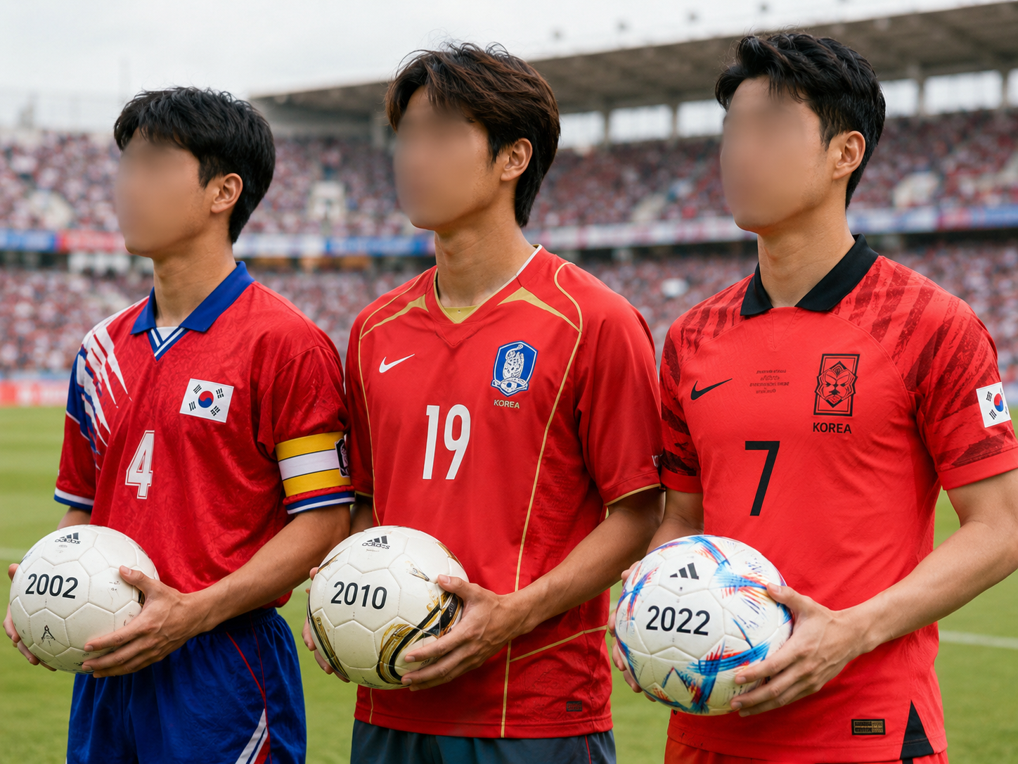 Three eras of South Korean World Cup players in historic kits.