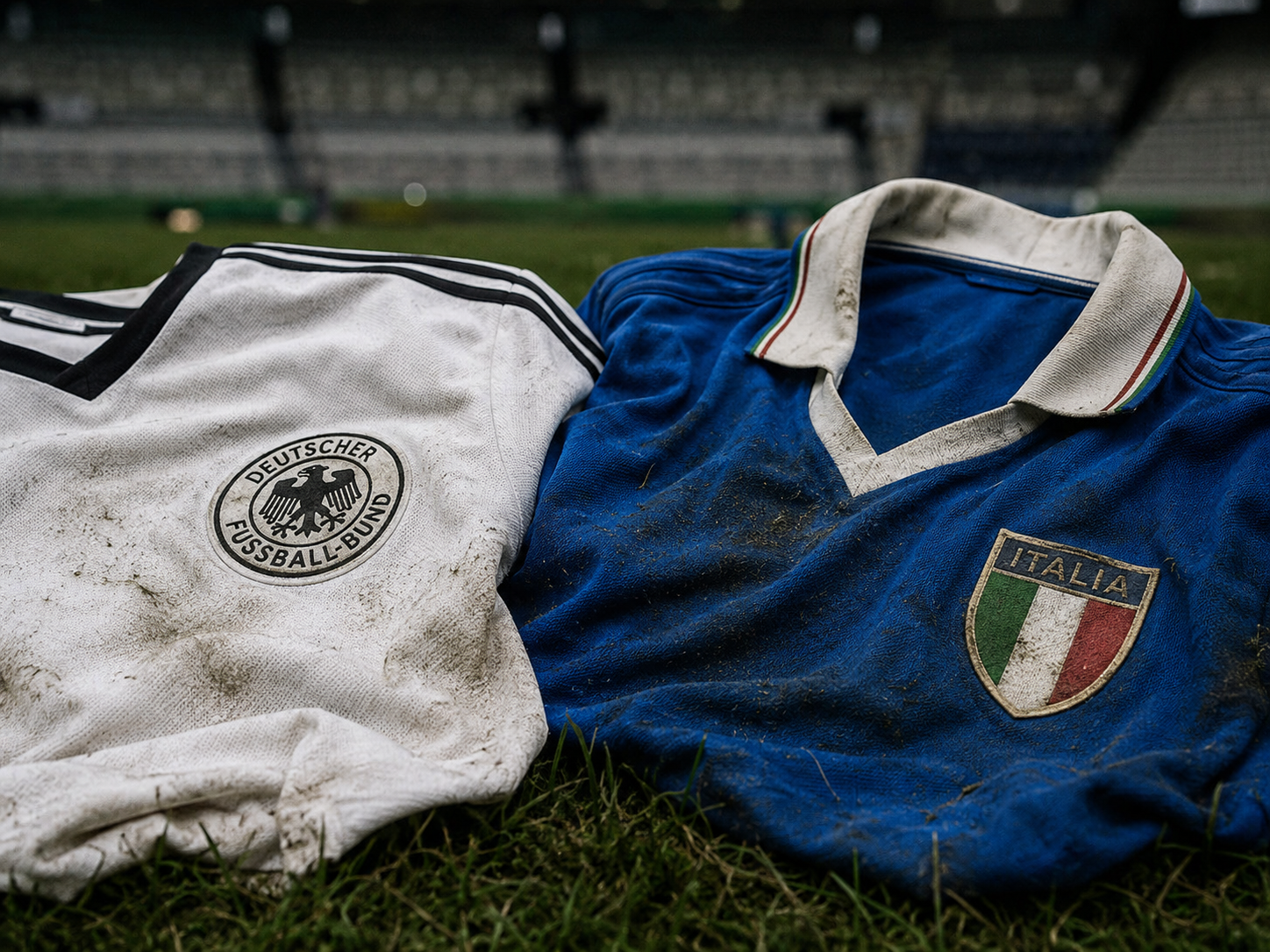 Germany and Italy national team jerseys side-by-side on a football field.