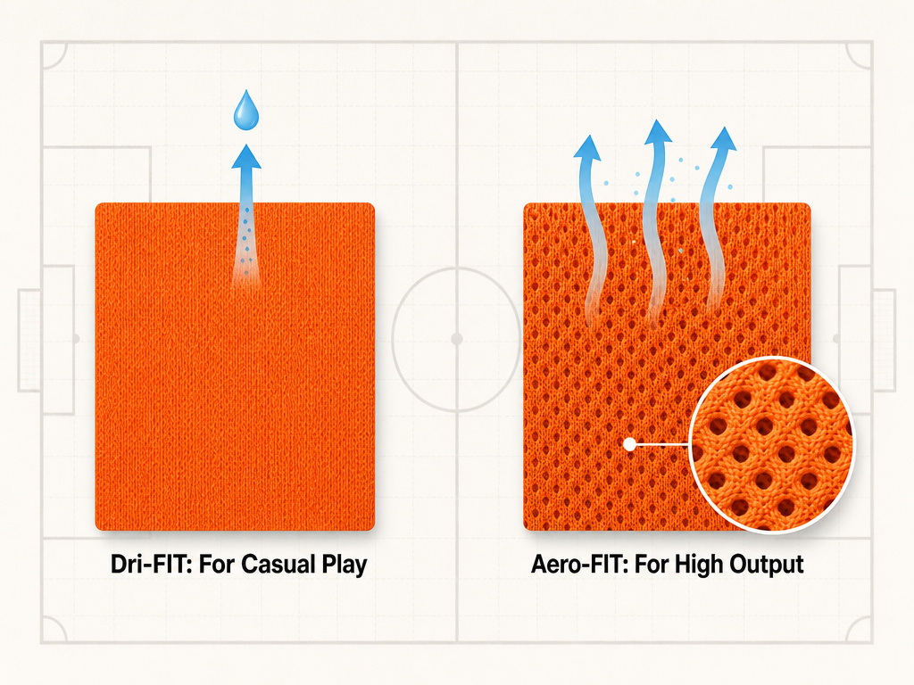 Diagram comparing Dri-FIT and Aero-FIT fabric technology for soccer jerseys.