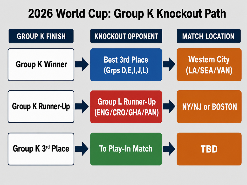 Flowchart diagram of World Cup 2026 Group K knockout round scenarios and travel destinations.