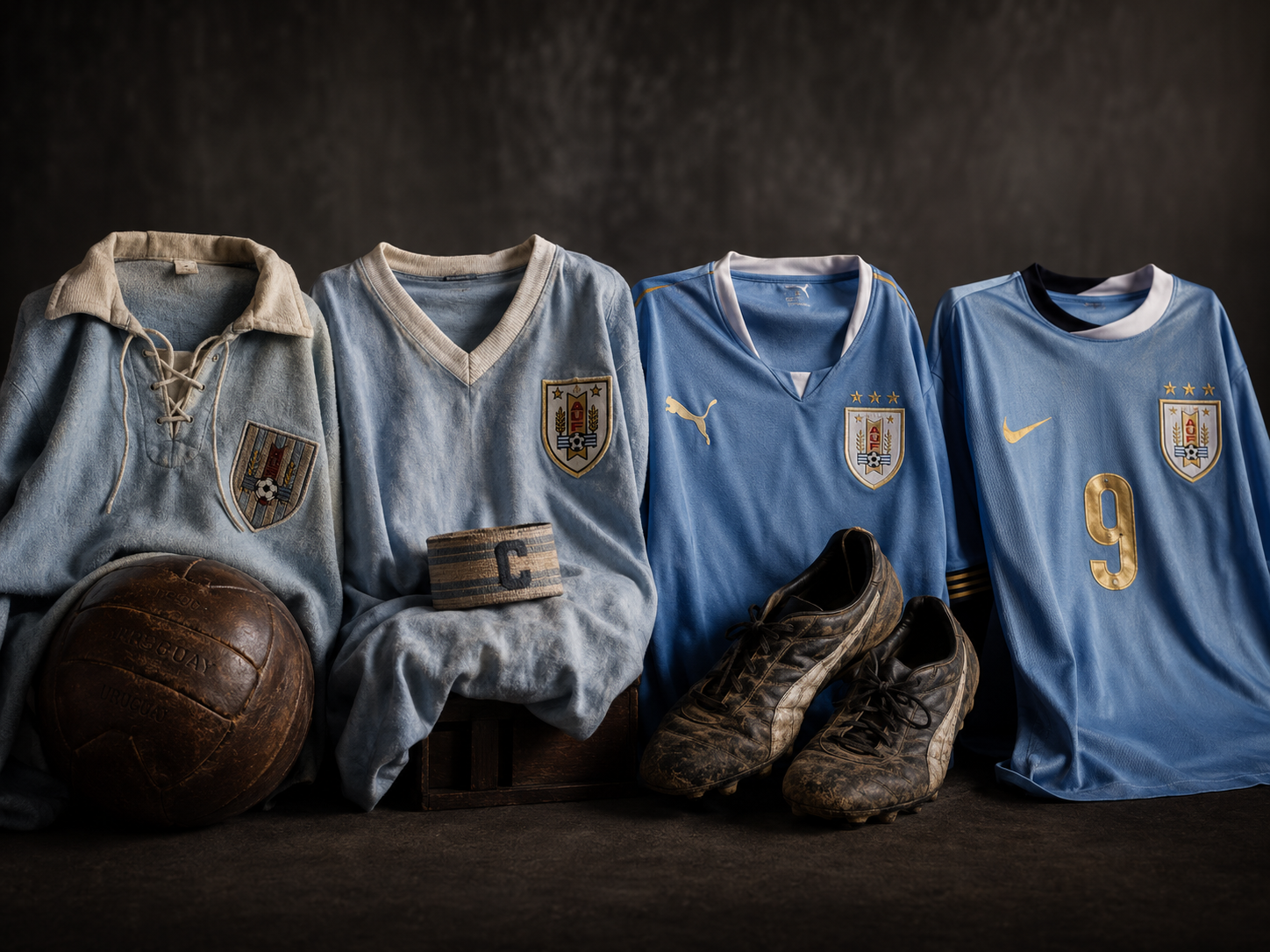 Four iconic Uruguay national team jerseys from different World Cup eras.