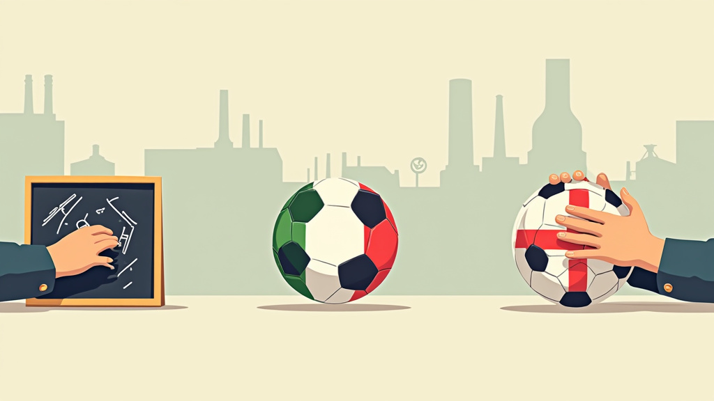 Hands representing Italian, Brazilian, and English soccer styles adapting the same ball.