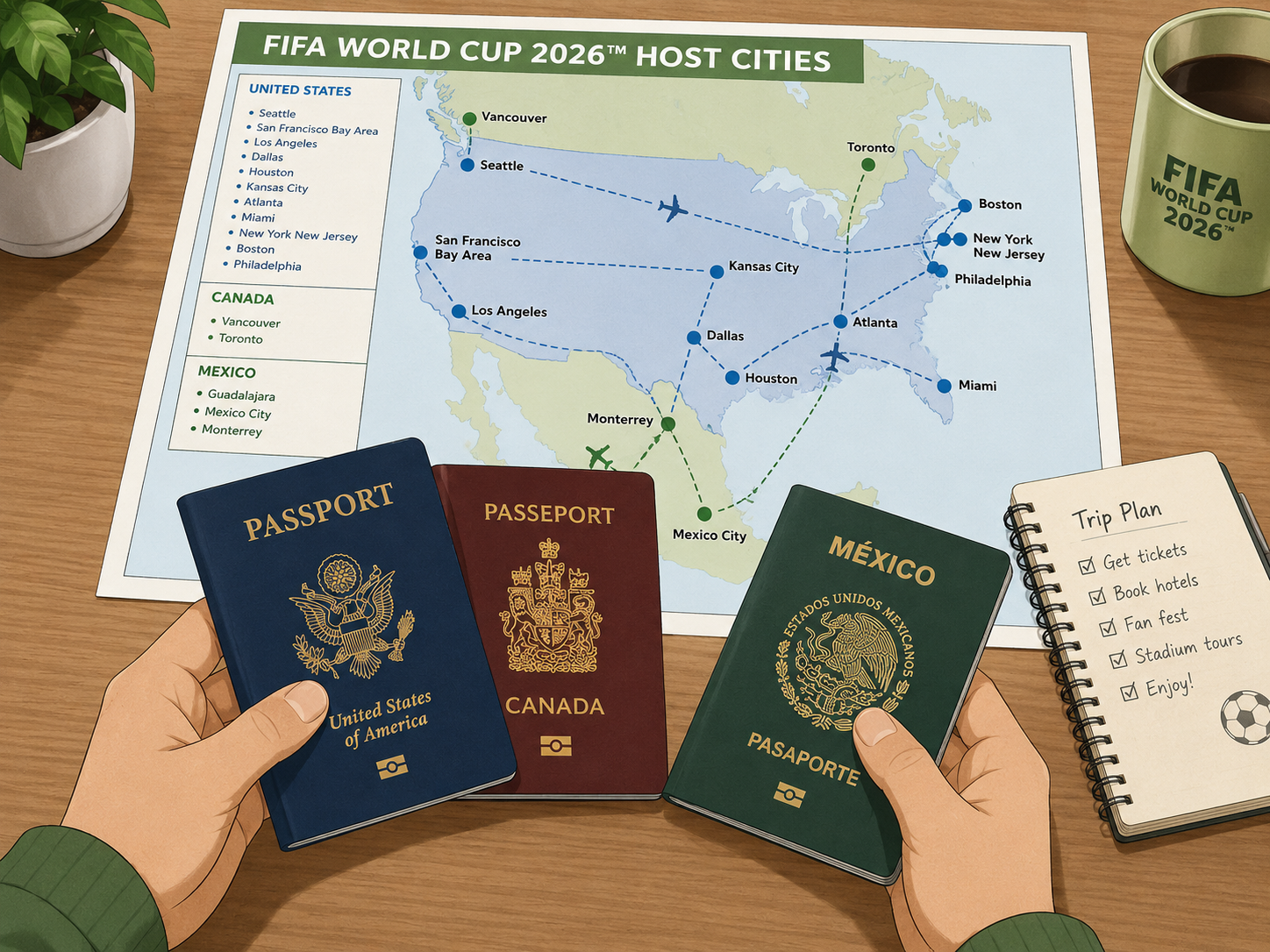Cartoon showing passports needed for travel between World Cup 2026 host countries.