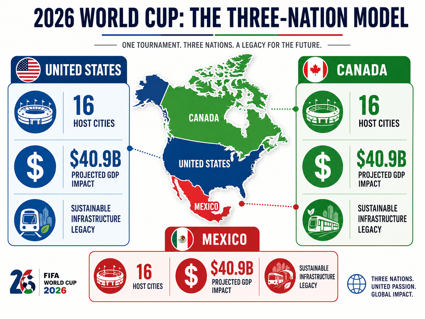 Infographic map showing the 2026 World Cup's three host countries and their projected legacy benefits.