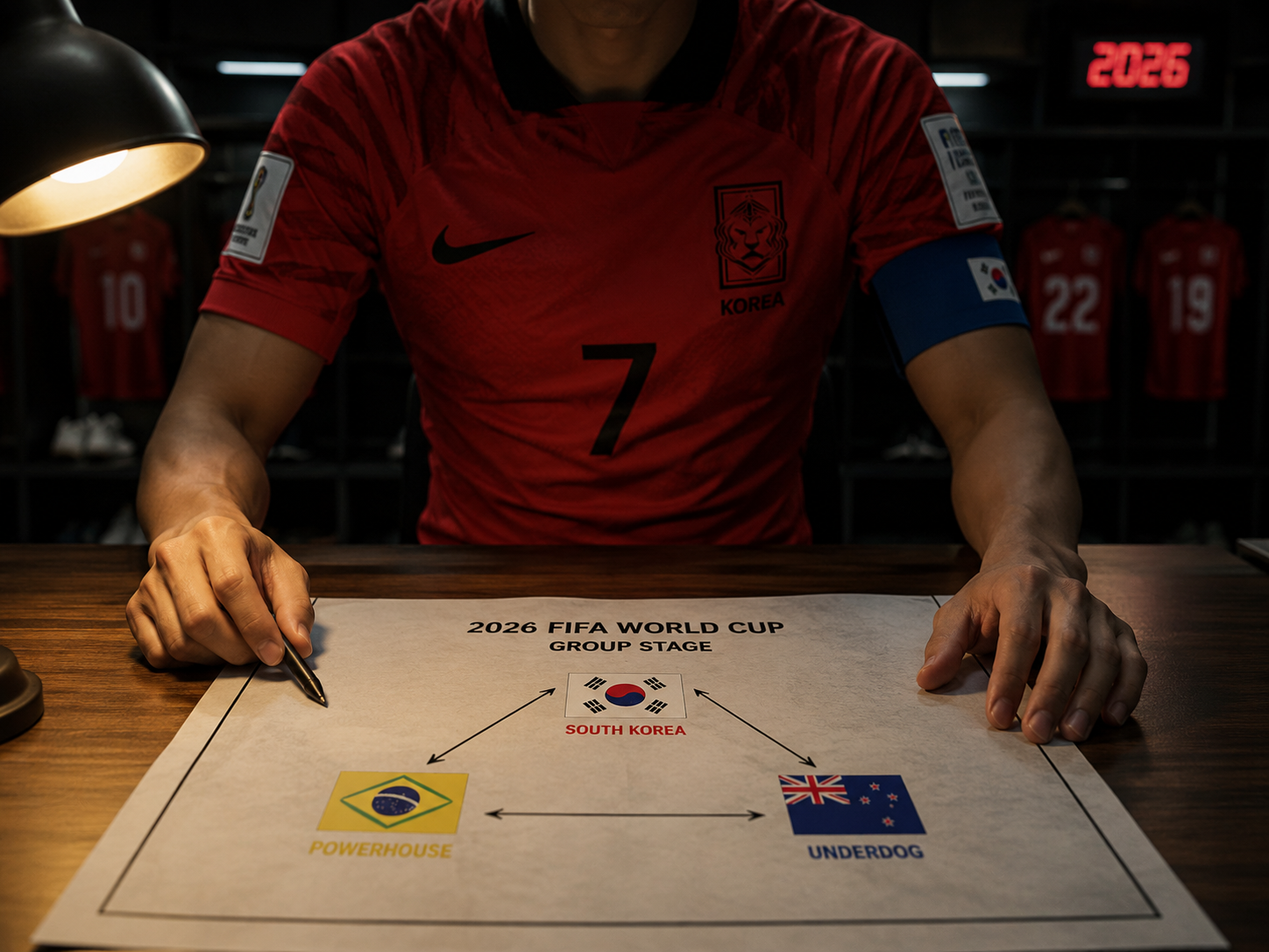 South Korean footballer studying a 2026 World Cup group-stage tactical map.