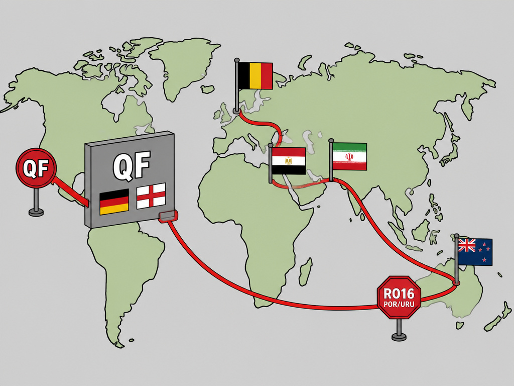 Cartoon map showing Belgium's projected 2026 World Cup knockout path.