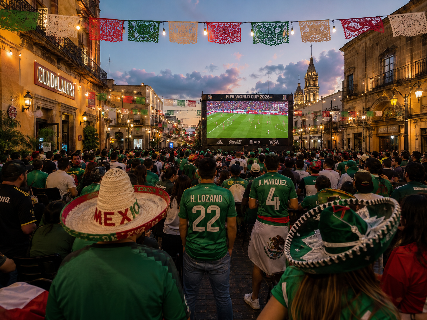 Guadalajara historic center fan zone during 2026 World Cup match.