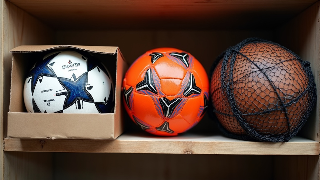 Three soccer balls with different materials stored according to specific rules.
