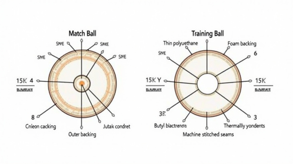 Diagram comparing match ball vs training ball materials, construction, and bladder types.
