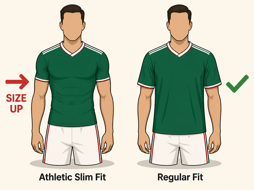 Cartoon comparing a tight athletic fit and a regular fit soccer jersey.