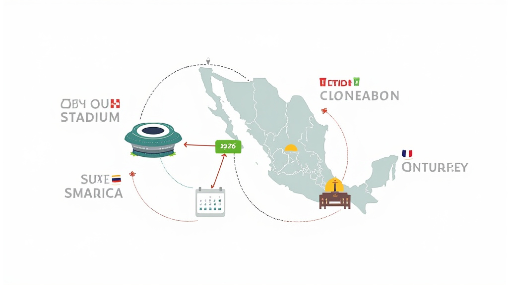 Map diagram of Mexico's 2026 World Cup stadiums hosting 13 matches