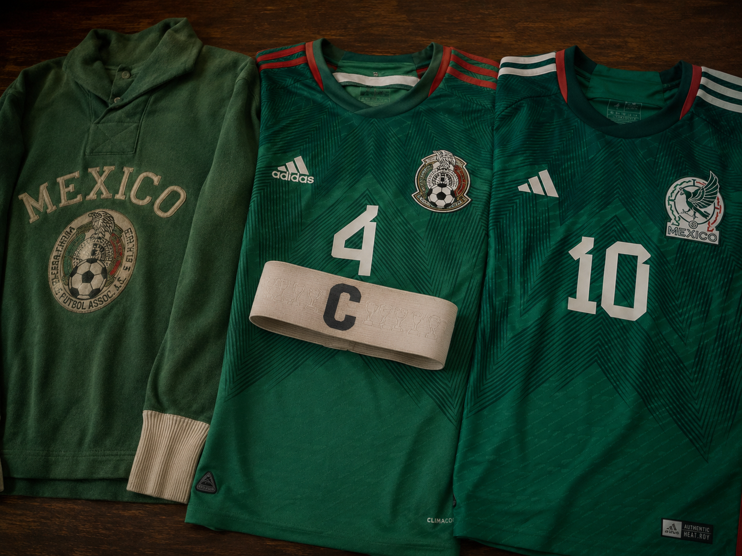 Three iconic Mexico World Cup jerseys representing the five-tournament players.