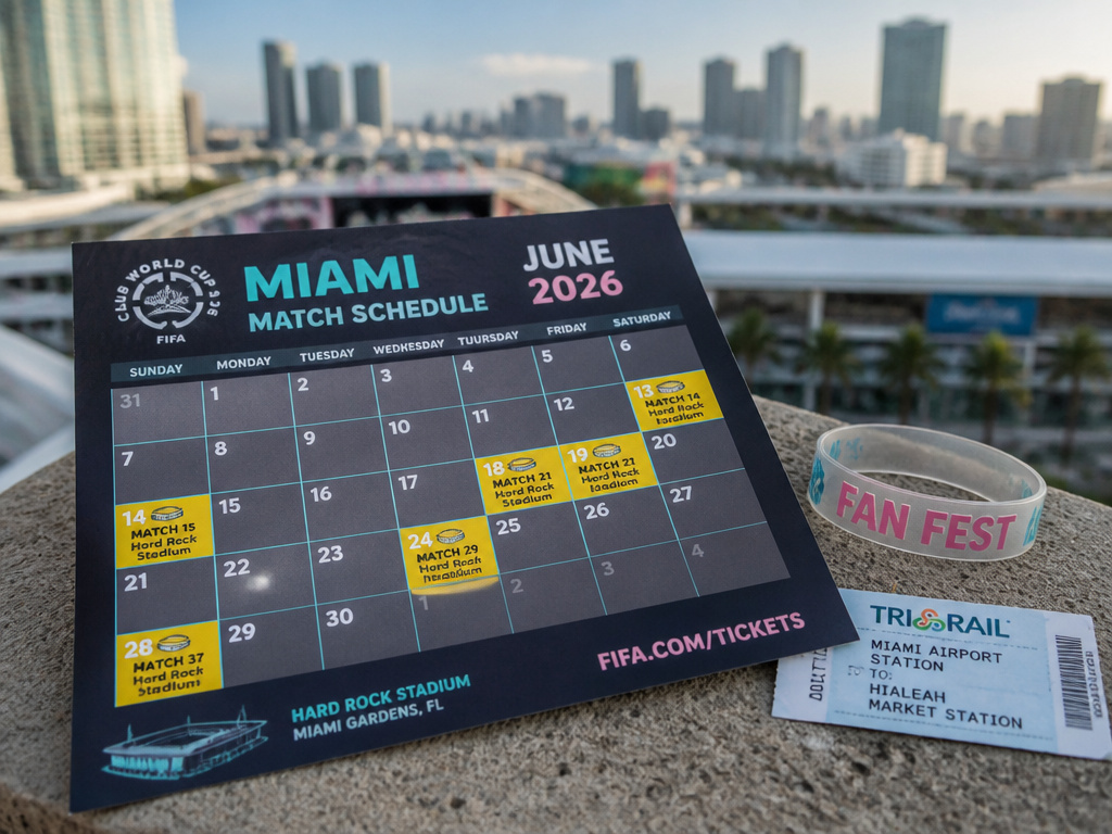** A detailed 2026 match schedule pamphlet on a stadium seat with Miami backdrop.