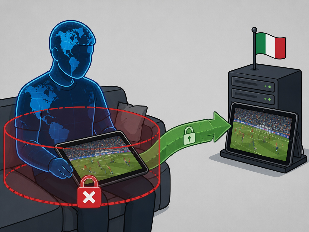 Cartoon explaining geo-blocked World Cup streams and VPN bypass