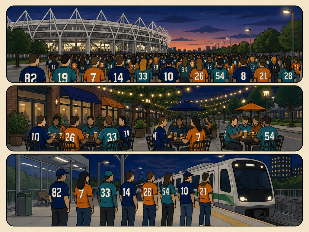 Sequential cartoon showing post-match crowd dispersal strategy near stadium.